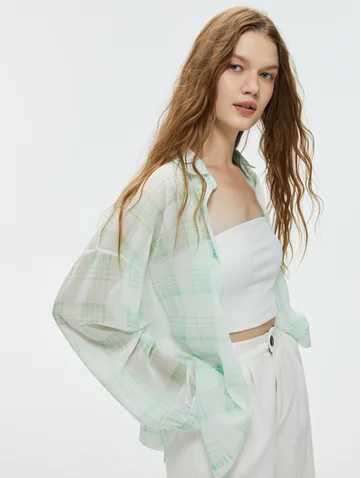 Sheer Plaid Oversized Blouse 